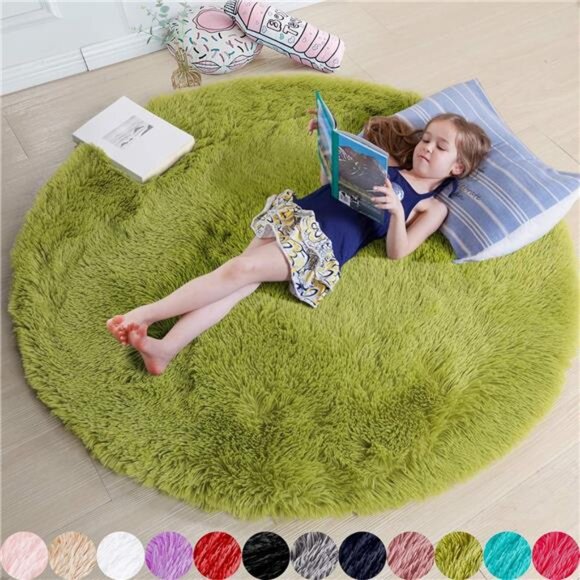 Other - Grass Green Round Rug for Bedroom,Fluffy Circle Rug 4'X4' for Kids Room,Furry